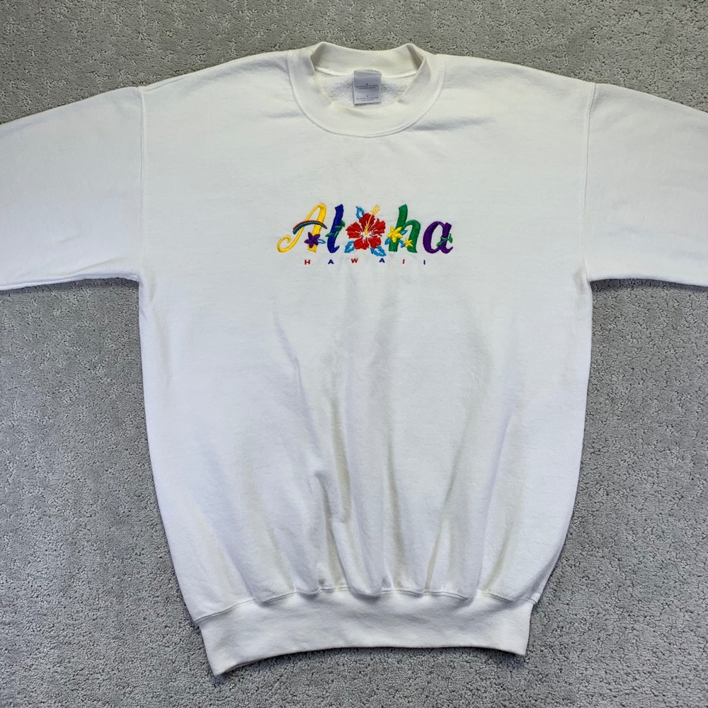 Vintage Aloha Hawaii Sweatshirt Sz Medium White Embroidered‎ Pullover Gildan 90s - Picture 2 of 14
